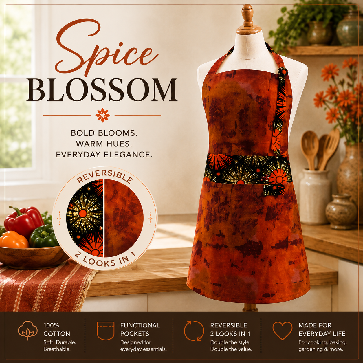 Spice Blossom | Reversible F/L Bib| Spicey Harvest | 8 pockets