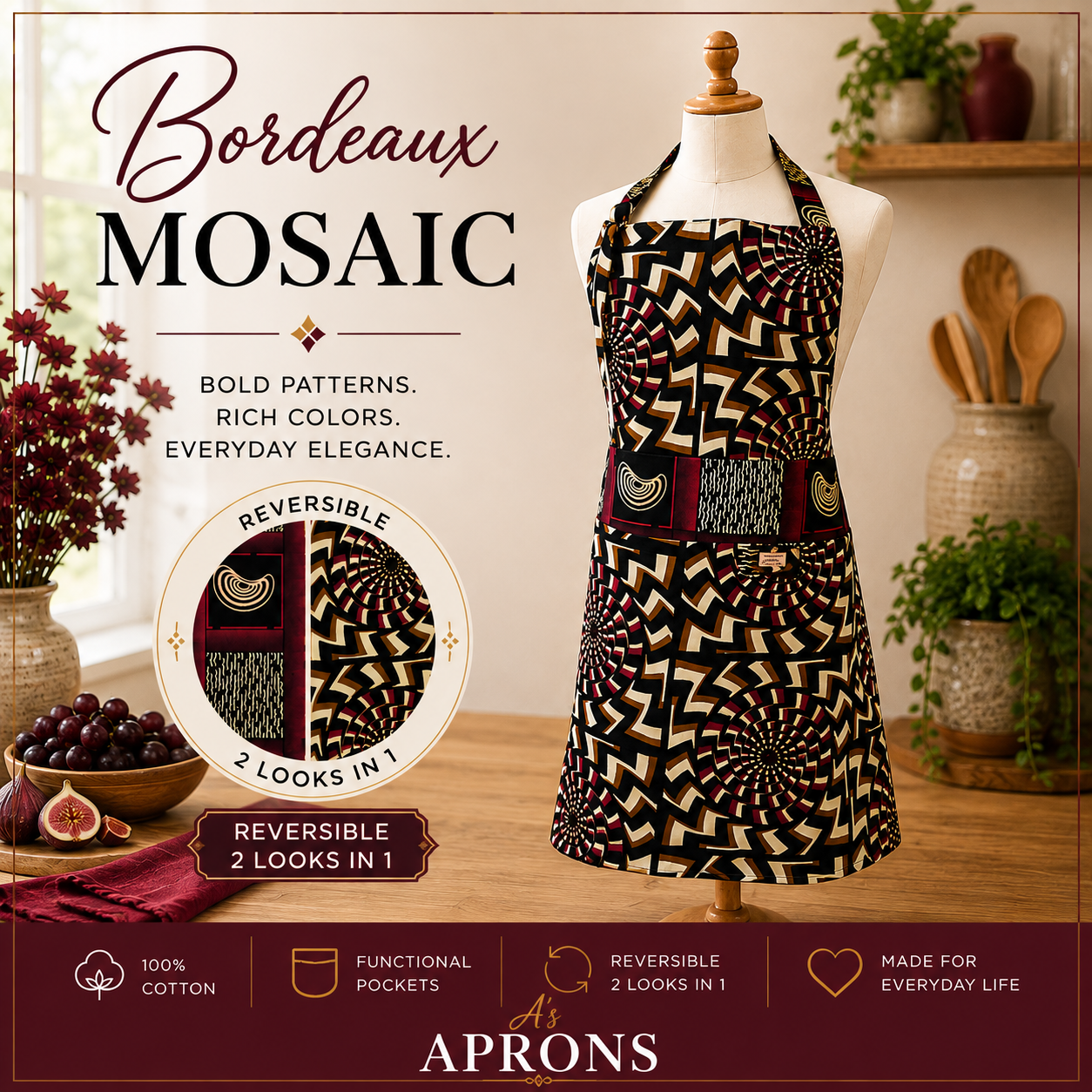 Bordeaux Mosaic | Reversible F/L Bib| Colorful Mosaics | 8 pockets