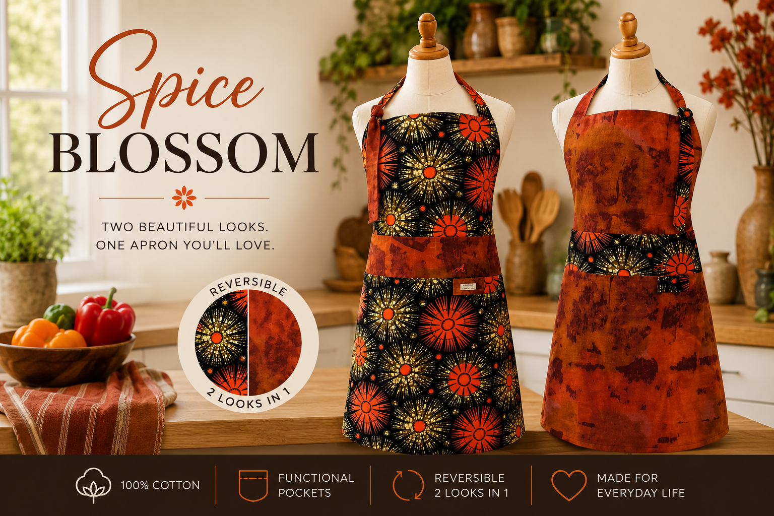 Spice Blossom | Reversible F/L Bib| Spicey Harvest | 8 pockets