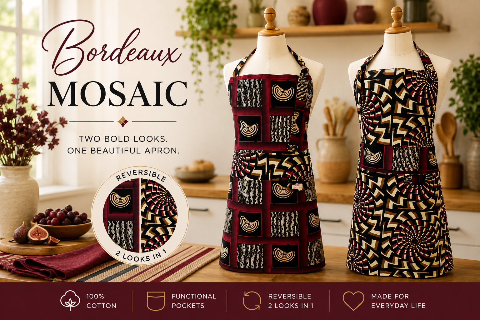 Bordeaux Mosaic | Reversible F/L Bib| Colorful Mosaics | 8 pockets