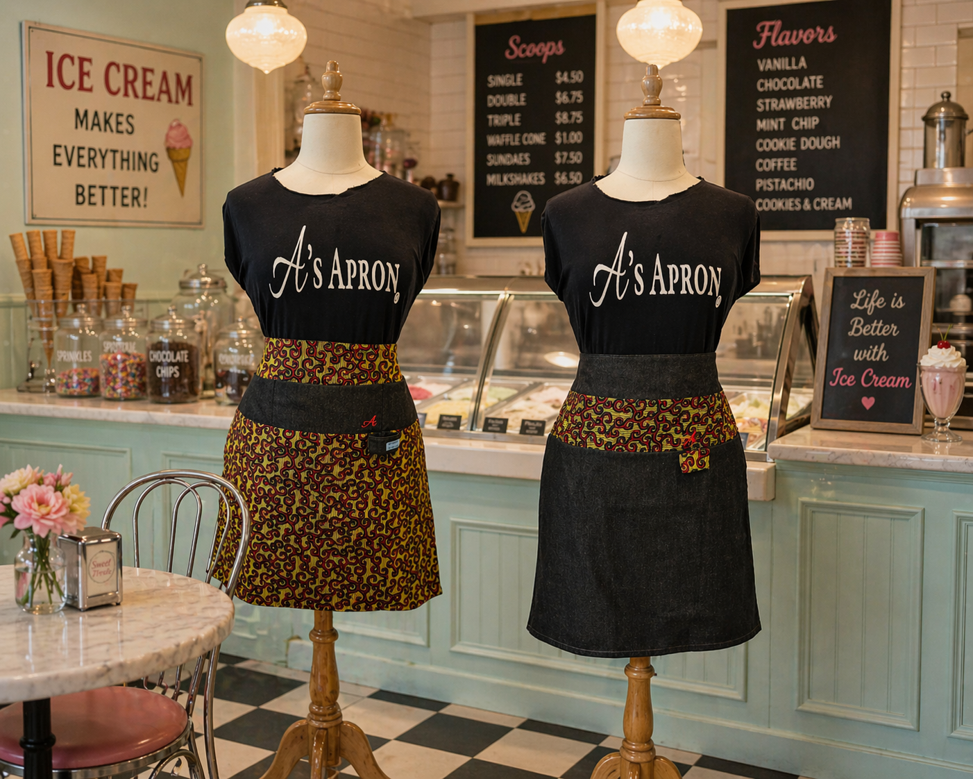 🌀 Burgundy Swirl on Gold & Black Reversible Long Waist Apron